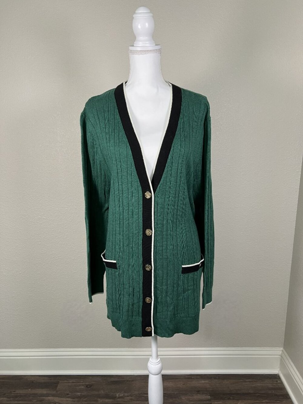 Draper James Green/Black Wool Cardigan Sweater Pockets Women’s Plus 3X
